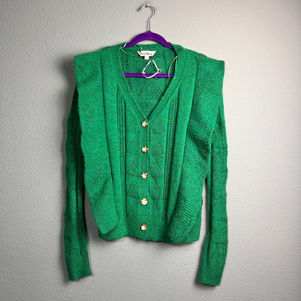 Davi & Dani Sm Kelly Green Ruffle Shoulder Cable Knit Button Up Cardigan Sweater